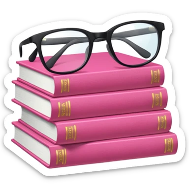 A pile of pink books with glasses on top sticker