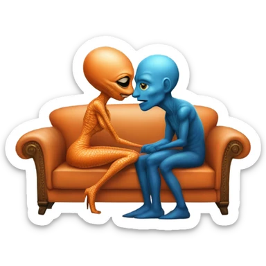 A reptilian alien woman in orange dress kissing human man in blue dress, on sofa sticker