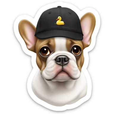 White and black and brown French bulldog with a duck hat on ￼ sticker