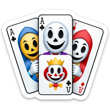 bunch of 3 poker cards, with crazy colorful human jolly jokers inside, inversed face, cuphead style sticker