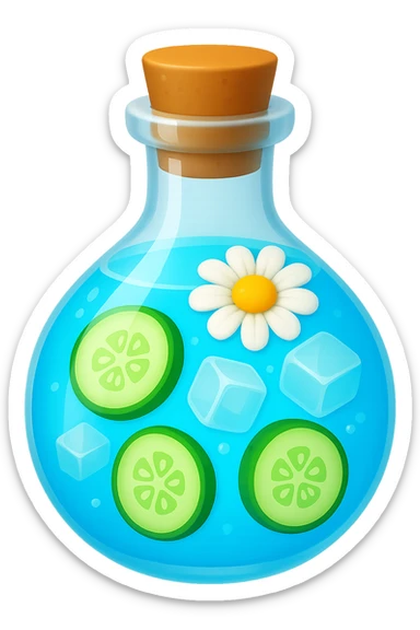 Edit the bottle in the same shape as the reference image. The liquid inside should be color #6fdef1. Inside the bottle, include cucumber slices, ice cubes, and a chamomile flower floating on top of the liquid. The style should resemble apple emoji style with concise and clean details. sticker