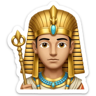 A regal pharaoh with golden headdress, calm stern eyes, and holding a crook and flail with authority.
 sticker