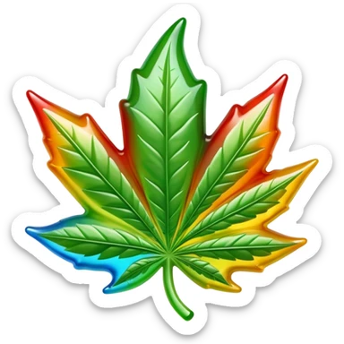 colorful shiny gusher gummy shaped like a cannabis leaf with a bite mark showing the liquid center sticker
