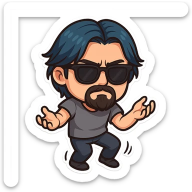 a dark brooding hipster with electric dark blue hair, surfer middle part, chin length hair, classic neat trimmed bushy goatee, black classic rayban shades, plain gray t-shirt, doing the gimmie dance, maniac dance, 1980's dance sticker