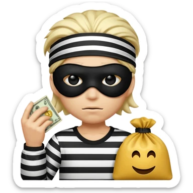 a short ios emoji-style portrait of a classic burglar, a black eye mask (looks like a blindfold) and a black-and-white striped shirt. emoji-like hair, black hat, ONE bag of money 💰 with a dollar sign in a right corner, evil expression WITHOUT a hand  sticker