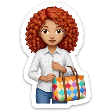 a pretty tan indian bratz girl with curly red hair, wearing an oversized patchwork white shirt, carrying a tote bag sticker