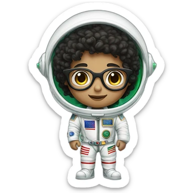 Light skinned Boy with black short curly hear and glasses wearing a white astronaut suit with the saudi flag sticker