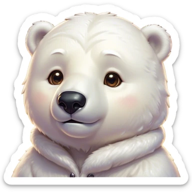 Cinematic Cute Polar Bear Portrait Emoji, Head tilted playfully and inquisitively, with a glossy, plush coat accented by a gentle, blushing muzzle and round, sparkling eyes, Simplified yet irresistibly adorable features, highly detailed, glowing with a warm, friendly polar glow, high shine, affectionate and lively, stylized with a touch of endearing charm, soft glowing outline, capturing the essence of a mischievous yet loving polar cub that feels like it could tumble out of the screen into your arms! sticker