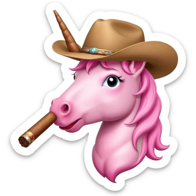 pink unicorn wearing a cowboy hat with a cigar in its mouth sticker