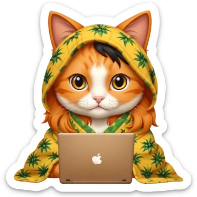 An orange female cat with a computer, with long eyelashes and black wavy hair,
She wears a blanket with pineapple patterns on her body sticker