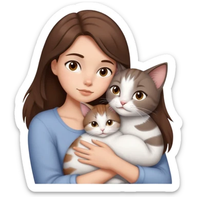a brunette girl with brown mid hair snuggling a gray white cat sticker