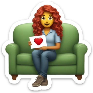 Long red wavy haired Latina holding a heart in her hands sitting on a couch sticker