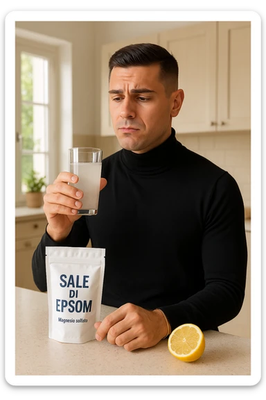 A realistic, bright photo-style image of a young man in his 30s standing in his kitchen, holding a clear glass filled with water in which Epsom salt (magnesium sulfate) has been dissolved. He looks focused but slightly uncertain as he prepares to drink it for a liver flush or digestive cleanse. The glass shows slight cloudiness from the dissolved salt. On the counter are a packet labeled 'Sale di Epsom' and a sliced lemon, suggesting he might use it to mask the taste. The setting is clean, natural, and bright with neutral tones. The background shows sunlight streaming through a window, emphasizing a clean, minimalist health-focused environment. The mood conveys a realistic, calm moment of self-care with a hint of discomfort, illustrating a natural detox practice in italiano sticker