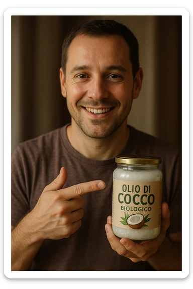 realistic and cinematic style portrait of a man pointing with satisfaction at a jar of organic coconut oil, face similar to reference photo, Italian label 'Olio di Cocco Biologico', vertical 2:3 aspect ratio, no other text sticker