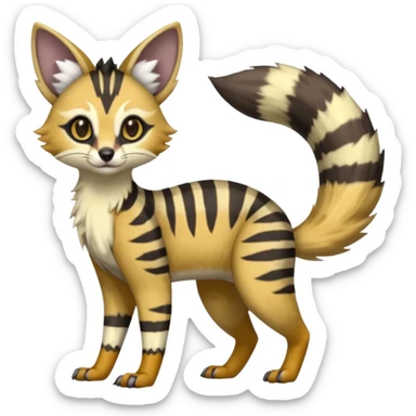 Civet-Genet-Possum-Serval-Caracal-Sergal-Trico-Numbat-Furret-fusion-Fakemon-hybrid-creature (full body) with long tufted ears and a striped tail sticker