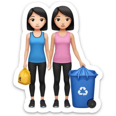 generate a genmoji of a black haired girl in a pink tank top and black leggings holding a black trash bag. Standing with her is a brunette girl in a similar blue tank top and black leggings.
Standing in front of a dustbin sticker