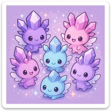 kawaii chibi style group of crystal sprite creatures in purple, blue, and pink, with tiny magical wings, gathered in a circle, sparkling magical effects, cute and whimsical sticker