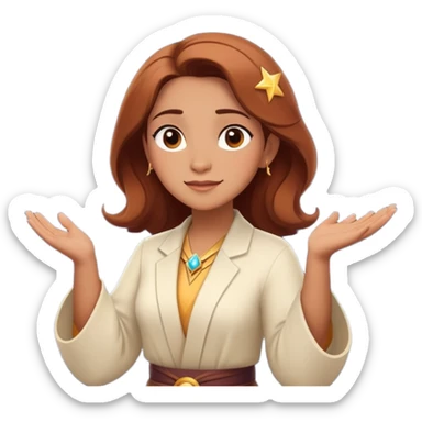 A Pixar-style sticker of a confident female astrologer based on the reference photo, giving a forecast with graceful gestures, stars twinkling around her, powerful stance and proud expression, white background sticker
