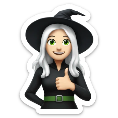 Young witch with white hair and cap, white skin, green eyes, thumbs up with black manicure  sticker
