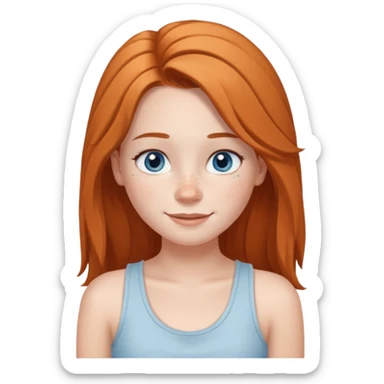 Una chica de tez blanca con pecas, nariz respingada, labios gruesos, ojos grandes color azul grisáceo, pelo largo, lacio, color avellana. Con una blusa de tirantes blanca. Que este sonriendo y q solo se vea de la cintura hacía arriba sticker