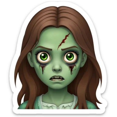 Girl zombie with long brown hair, green skin, black eyes with dark circles, and frightening expression sticker