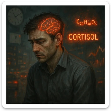 semi-realistic, symbolic surrealism, moody lighting; man in his 30s with visible signs of chronic stress: tired eyes, tense muscles, slightly hunched posture; glowing floating symbols for 'Cortisol' (chemical formula or word) with reddish-orange aura; chaotic blurred background with clocks, notifications, city traffic, financial charts; brain subtly visible with neural activity in red and orange, symbolizing hormonal overload; detailed facial expression sticker