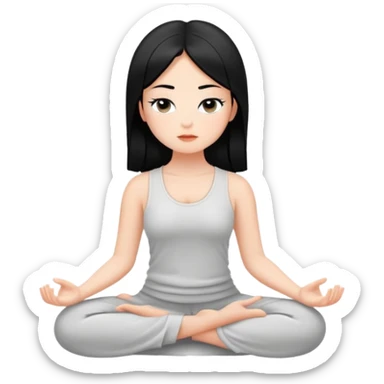 white girl with black hair, meditating, peaceful face sticker