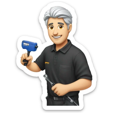 Technician with grey hair wearing a black polo shirt fixes a TV to a white wall of an exhibition Booth using a screwdriver sticker