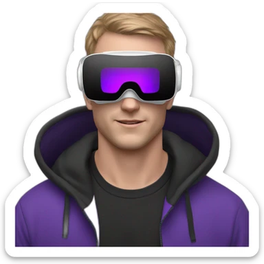 white skin man in the black hoody with violet OMG VR logo on it.  Man in vr headset sticker