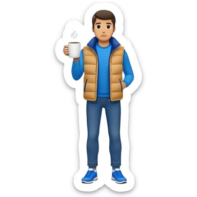 full body man with long sleeve white shirt with blue puffer winter vest with no pockets wearing straight blue jeans with no cuffs and black tennis shoes holding a coffee mug in one hand in front of him and nothing in the other hand sticker