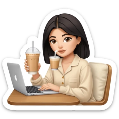 Kylie Jenner sitting learning on macbook in her luxury summer home, she wears a beige Skims pajama and she's drinking 1 tasty iced latte sticker