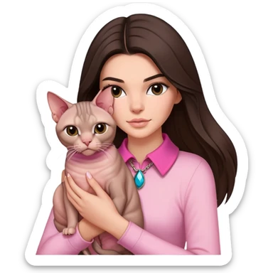 brunette Kendall Jenner with long hair holding on the hands Sphynx wear on pink collar sticker