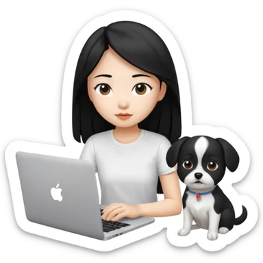 Asian girl with long black hair , wearing a white t-shirt, working on an Apple laptop, next to her is a small black and white dog sticker