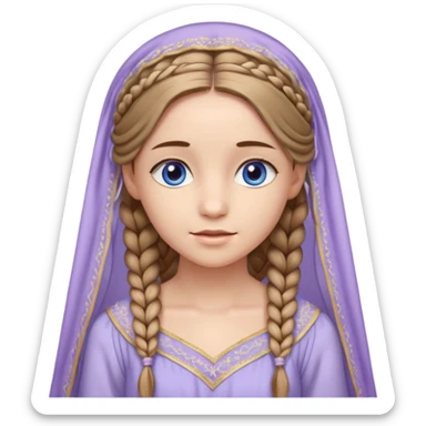 Joven de unos 20 años, de aspecto dulce y elegante.
Piel clara, ojos (pueden ser azules o verdes)
Rubio o castaño claro, largo, con trenzas o velo.
Vestido largo de tonos suaves (blanco, azul o lavanda), con bordados dorados; un manto o toca fina cubriendo la cabeza. se vea todo el cuerpo sticker