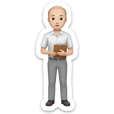 man mid 30's shirt and trousers balding hairline standing holding a clipboard sticker