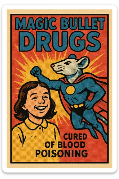 A poster titled 'Magic Bullet Drugs' with an image of a young girl smiling as she has been cured of blood poisoning with a superhero lab rat sticker