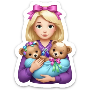 woman holding baby bears with ribbons and crystals sticker
