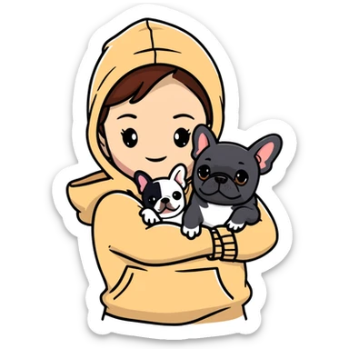 A brown haired girl wearing a beige hoodie is holding two French bulldogs, one beige and one black sticker
