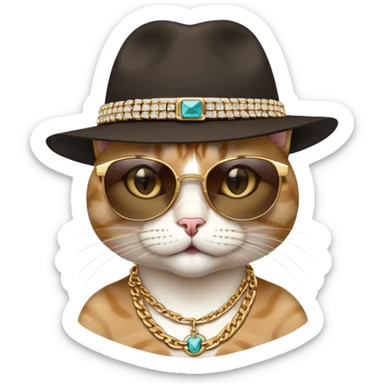 female cat close-up head and shoulders wearing Run DMC style, fedora, dark sunglasses, gold chains, bling sticker