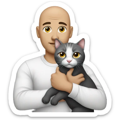a bald handsome man holds a fat cat in his arms, the color of which is gray and black sticker