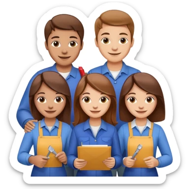 Make a photo of 5 project managers!, specifically 3 girls! with brown hair and 2 boys!, that are making project for improvement of the winery! sticker