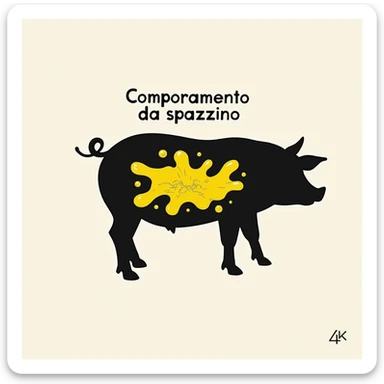 symbolic scene of a pig silhouette with yellow puddle drawings in the stomach, Italian text 'Comportamento da spazzino', neutral background, 4K quality sticker