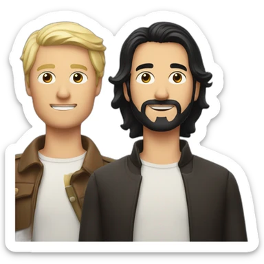 two men, one with long black hair and the other man with short blonde hair, each with a bottle of fernet sticker