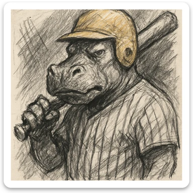 hippo holding a baseball bat, wearing a yellow helmet, pinstripes outfit sticker