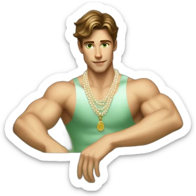 Posh-muscle-boy-brown-hair-green-eyes-pearl-necklace-in-golden-bathtub sticker