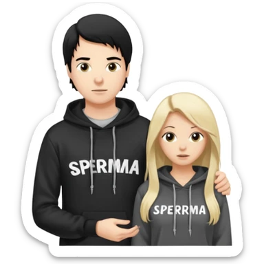 I want it to be this emote 🙍‍♂️
of a white guy with black hair and a black sweatshirt with the word "sperma" written in white in the middle. Behind him, there's a pretty blonde with long hair, pulling the string on the first person's hoodie. The girl is wearing a gray sweatshirt. sticker