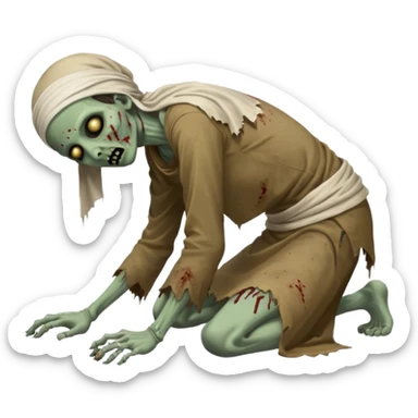 fullbody zombie leper in a prone pose, face down, with tattered tunic and head covering, normal emoji style sticker
