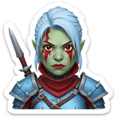 Fantasy Christmas orc legion soldier icon, iron tundra army theme, heavy winter armor, disciplined brutal look, cold steel armor cracked with frozen crimson lines, bloodfrost effect, icy blue and dark red color palette, minimal clean emoji style, female variant sticker