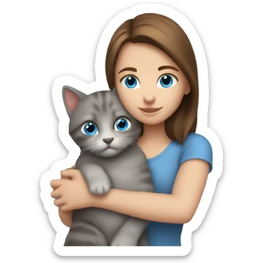blue eyes grey kitten and brown hair girl hugs sticker
