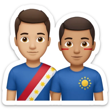 2 male Best buds , one in showing Philipines flag tshirt, one is Spain sticker